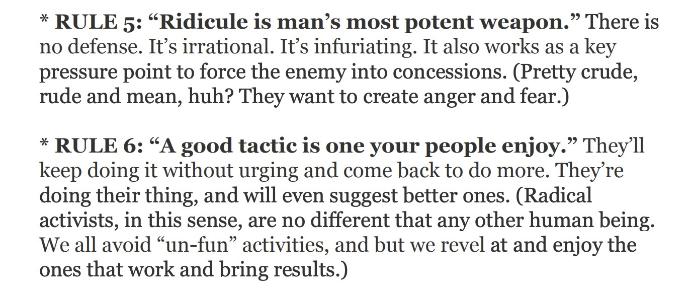 Saul Alinsky in 'Rules For Radicals' advises using ridicule to raise public awareness. Apps like make that easier, fast and free. This parody was created with the free Infogram app.