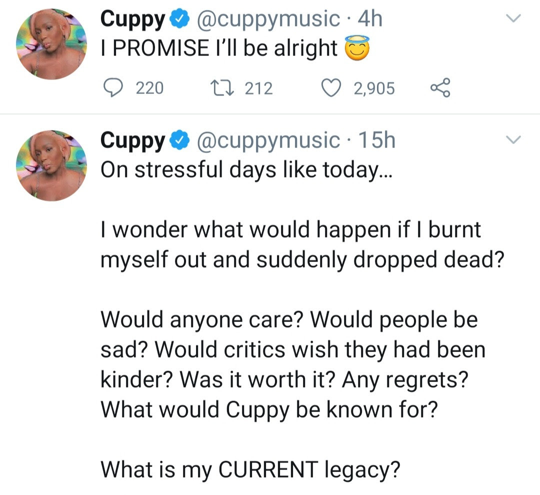"I will be alright" DJ Cuppy assures fans after she made a post wondering what would happen if she "suddenly dropped dead"