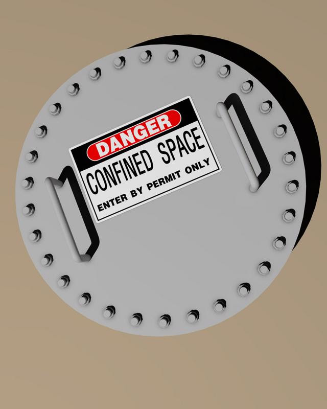 An entryway with a confined space warning.