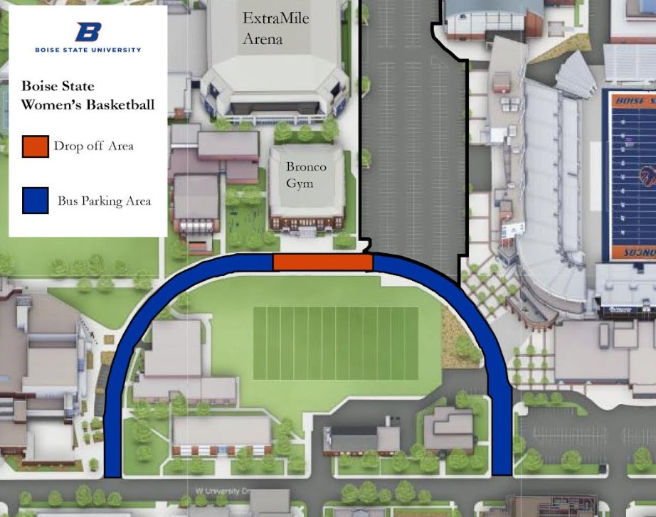 Map of Bronco Lane, color-coded to show the drop-off area in front of Bronco Gym and the bus parking areas along the rest of Bronco Lane