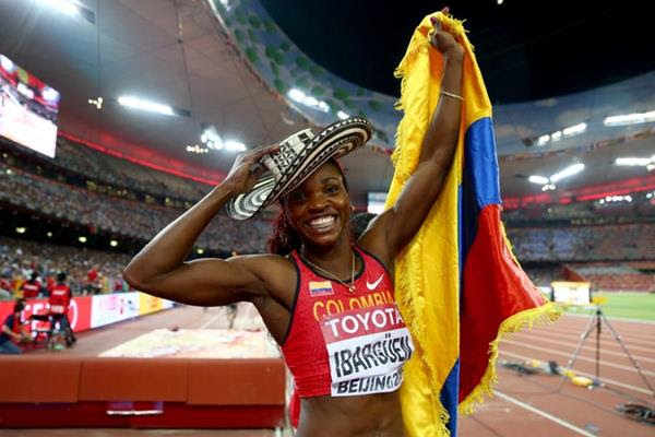Caterine Ibarguen celebrates her triple jump victory at the IAAF World Championships, Beijing 2015 (Getty Images)