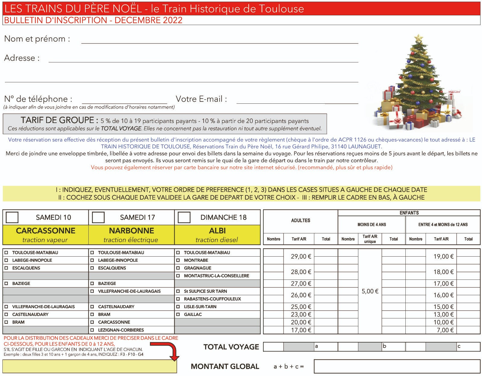 Bulletin d'inscription TRAINS DU PERE NOEL 2022