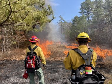 two rangers monitor prescribed fire