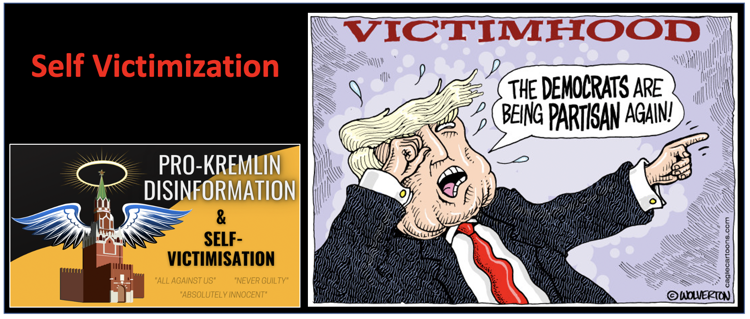 Claim that you are the victim, so you just cannot be the culprit. This self-victimization allows the Kremlin to manipulate the public and evade responsibility for its aggressive foreign policy. This culture of resentment deliberately distracts people from their every day problems.