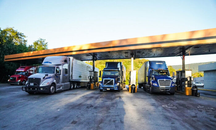 Trucks fill up on gas at the One9 truck stop in Wildwood, Georgia on Oct. 20, 2021. (Jackson Elliott/The Epoch Times)