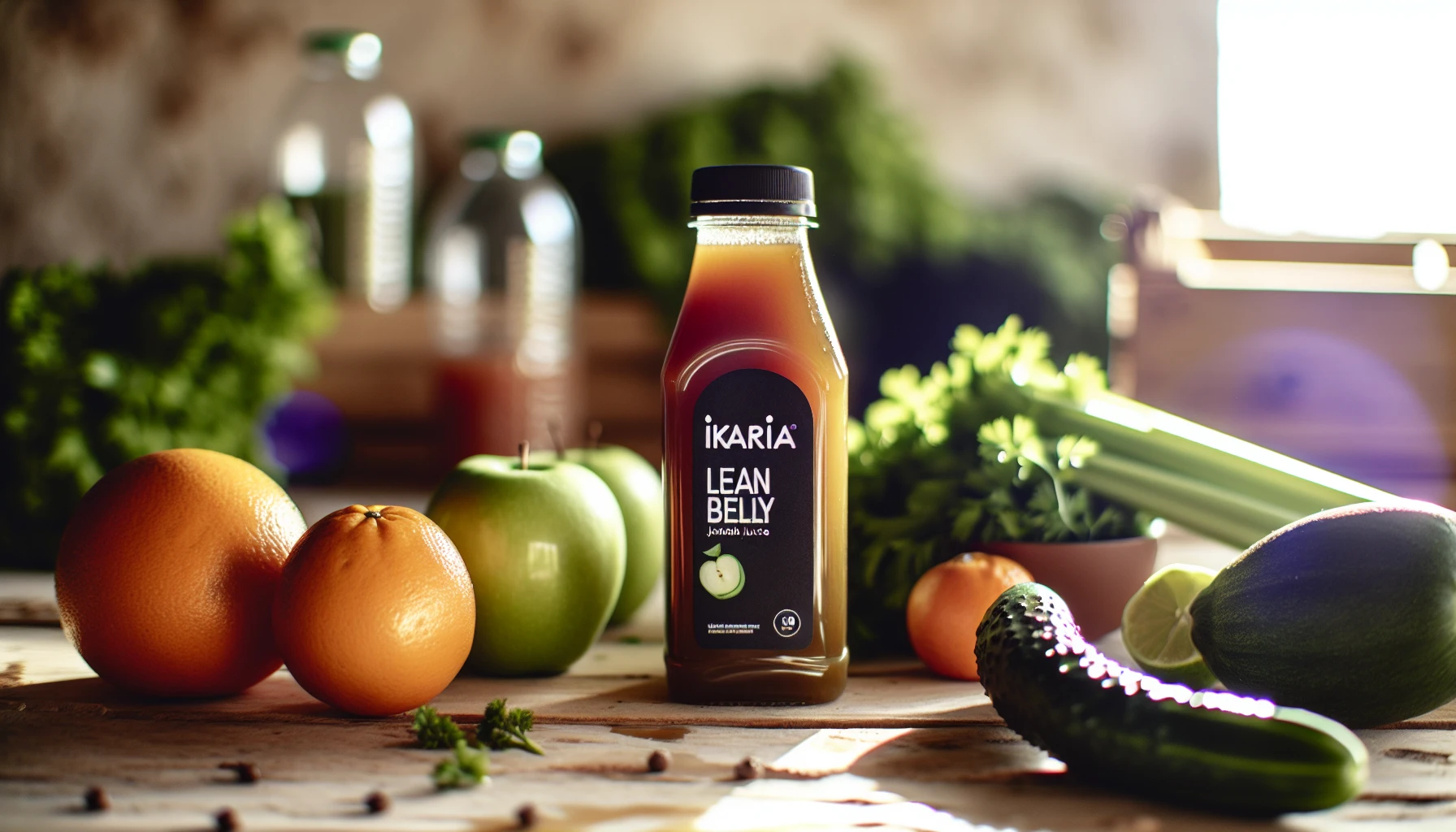Bottle of Ikaria Lean Belly Juice surrounded by fresh ingredients