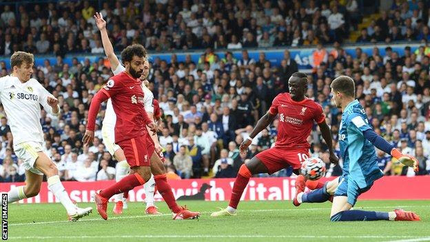 Mohamed Salah scores for Liverpool against Leeds