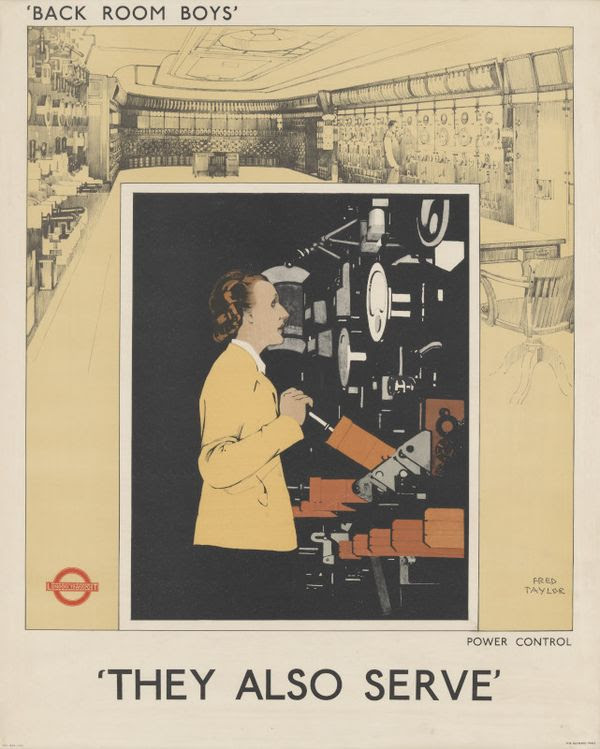 Poster artwork showing a woman operating power controls with the words They Also Serve