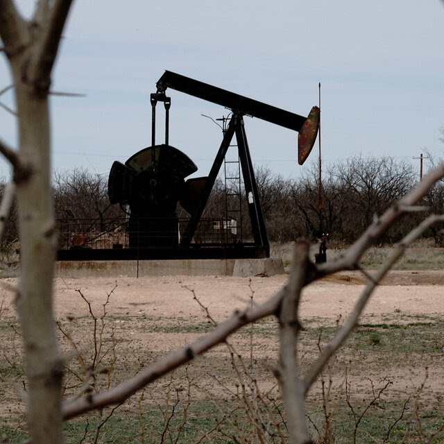 A pump jack is seen through the bare branches of a tree.