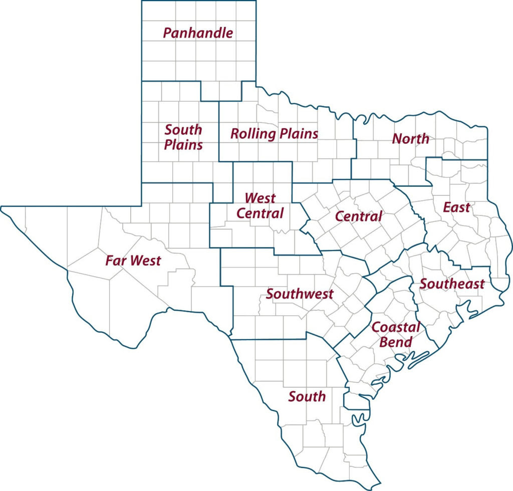 The map of the state of Texas is divided by region