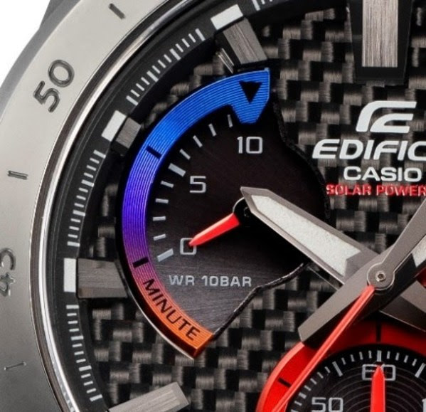 Inset dial evokes the color gradation of hot titanium