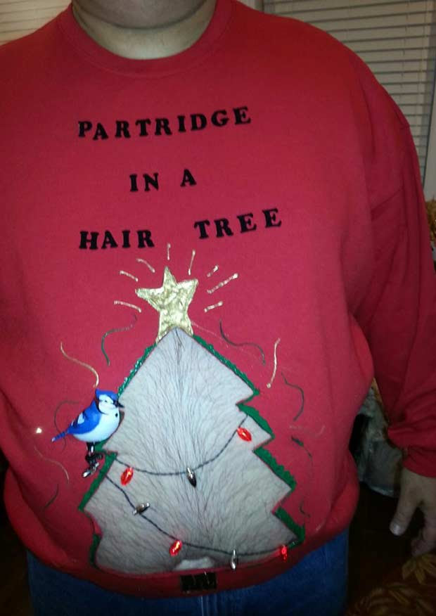 vintage family christmas photo ugly christmas sweater, hair tree, fat hairy stomach hanging out, holiday cards