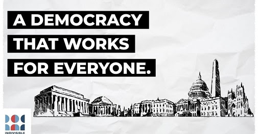 Text: "A democracy that works for everyone" above a black and white line drawing of the buildings on the National Mall