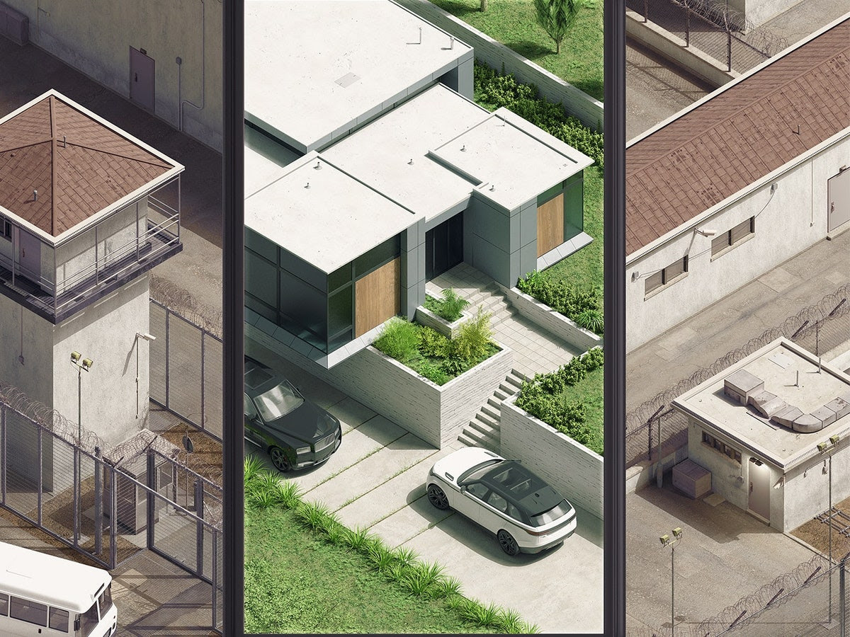 Illustration of an IPhone showing modern home on the screen, surrounding the phone shows a prison.