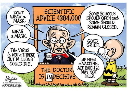 dr fauci scientific advice wear mask dont virus not threat millions die charlie brown