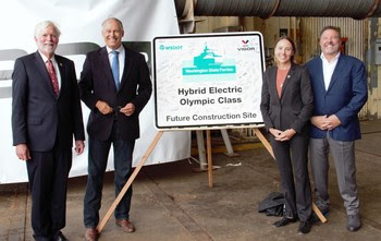 Photo of Roger Millar, Gov. Jay Inslee, Amy Scarton and Frank Foti at Hybrid Electric Olympic Class Ferry Program Kickoff