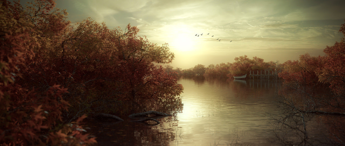 1600x680 18486 In the red lake 3d landscape nature sunset picture image digital art