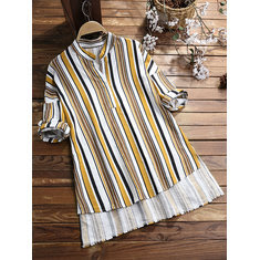 Vintage Stripe Crew Neck Half Sleeve Irregular Blouse