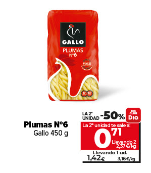 Plumas nº6 Gallo 450g ahora un 50% más barato en la 2ª unidad con CLUBDia. La segunda unidad te sale a 0,71€ llevando 2 a 2,37€/kg. Llevando 1 unidad a 1,42€, a 3,16€/kg