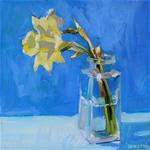 Yellow Daffodil, Square Glass Jar, on Blue - Posted on Friday, March 27, 2015 by Gretchen Hancock