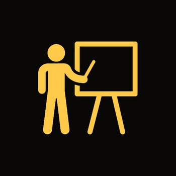 A yellow line drawing on black background of a person pointing at a board