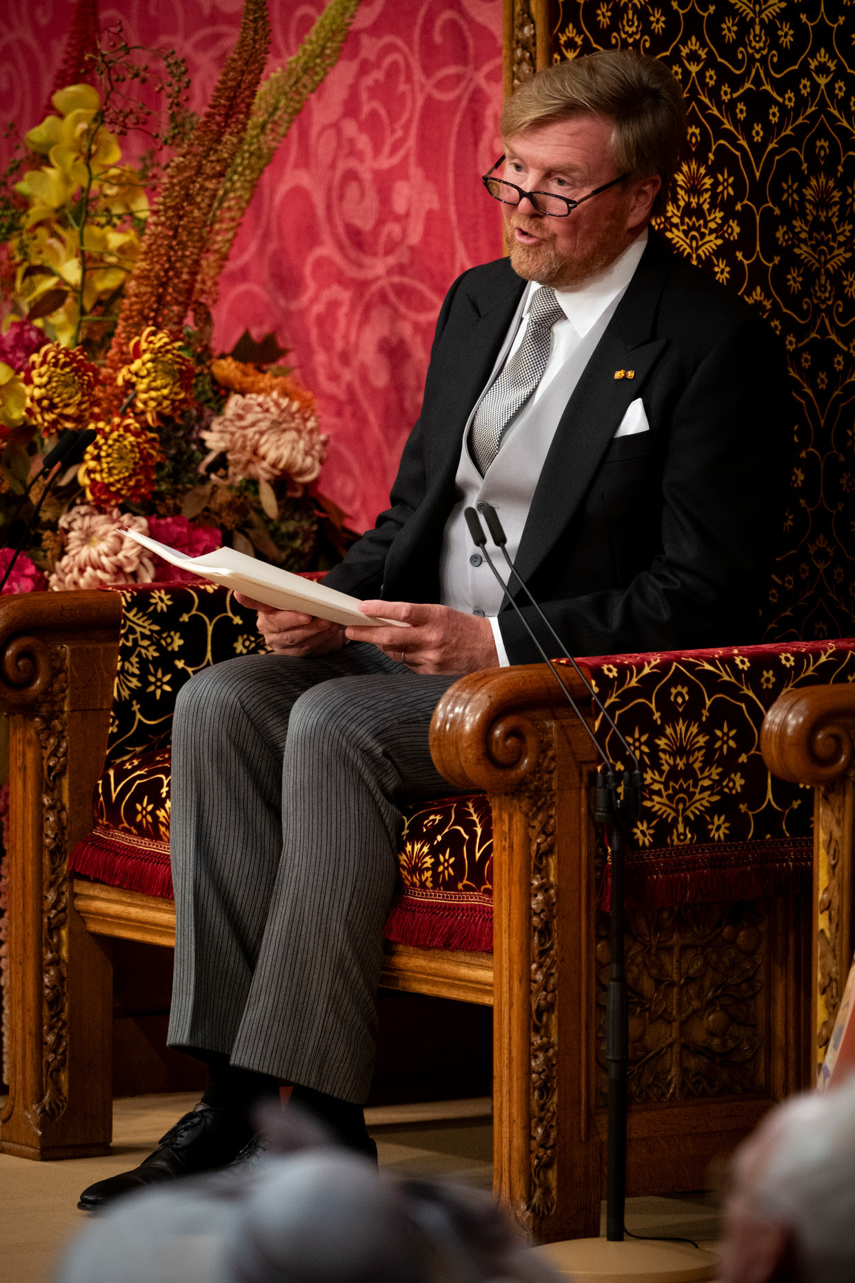 Koning Willem-Alexander, met leesbril, tijdens de Troonrede. Beeld David van Dam