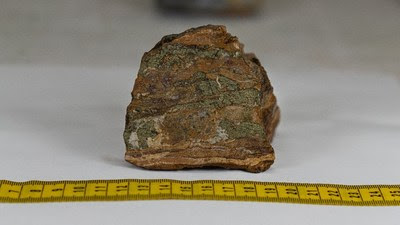 Chalcopyrite mineralization hosted in a potassic, hematite, and carbonate altered porphyritic syenite found at outcrop on “Rock Island I”; a new showing ~800 metres NE of Burgundy Ridge and ~500 metres NW of the Telena Zone. (CNW Group/Crystal Lake Mining Corporation)
