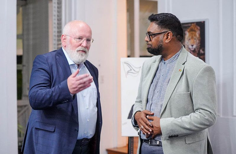 Discussion President Irfaan Ali and Frans Timmermans, First Vice-President of the European Commission (EC) who is on a two-day visit to Guyana. (Latchman Singh photo)