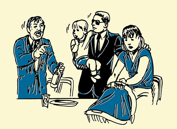 family being accosted by drunk man illustration