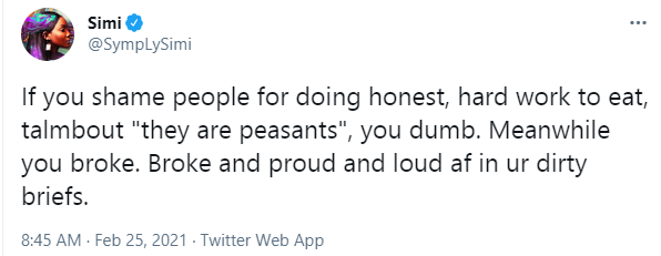If you shame people for doing honest hard work to eat, you are dumb - Simi