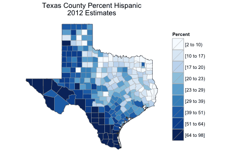 Demographic map of Texas created using R.
Source: Lamstein.