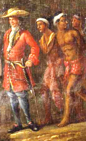 Stukje van het schilderij “Hollandse koopman met slaven in heuvellandschap”.