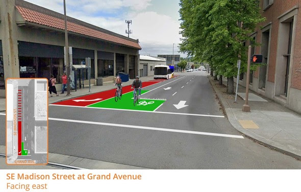 A rendering of the SE Hawthorne-Madison improvements, including a bright red bus lane and green bike box.