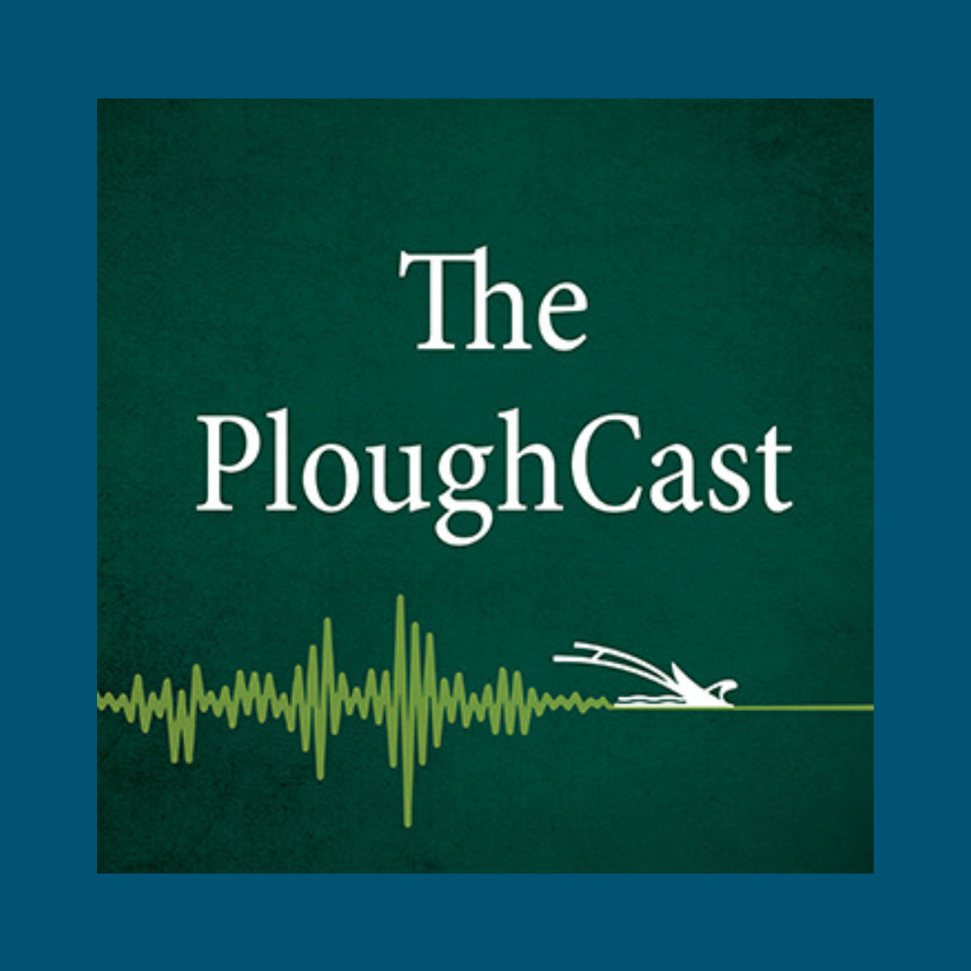 blue graphic with The PloughCast podcast logo