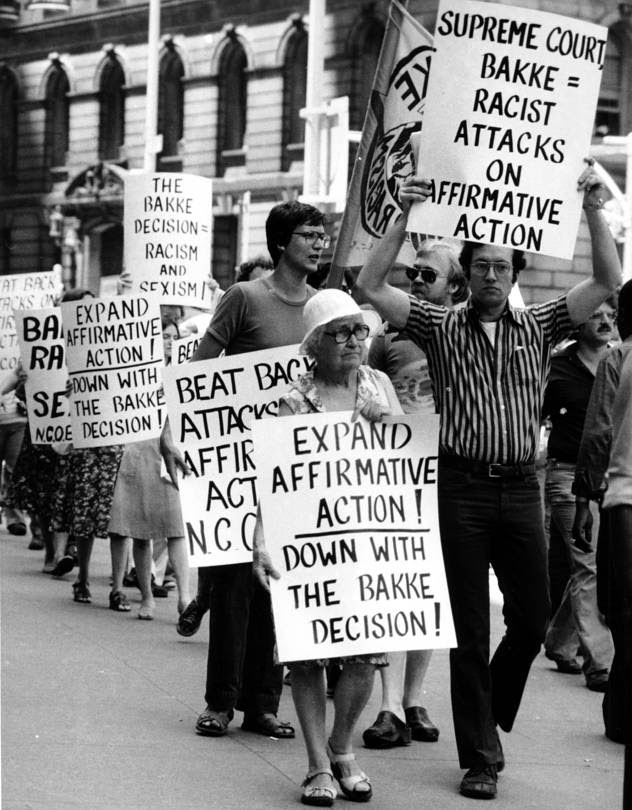 Demonstrators protest the Supreme Court’s decision in the Bakke case in New York City in...