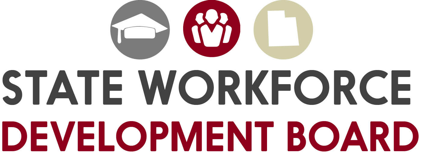 State Workforce Development Board logo. The text says State Workforce Development Board and there are three icons above representing education (graduation cap) Workforce (a group of people) and one representing Utah (state outline)