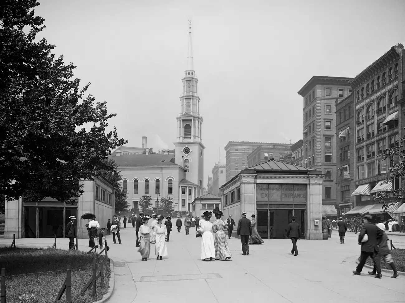 Historical photo of the entrances to the original Boston subway. Historical photo of the entrances to the original Boston subway.