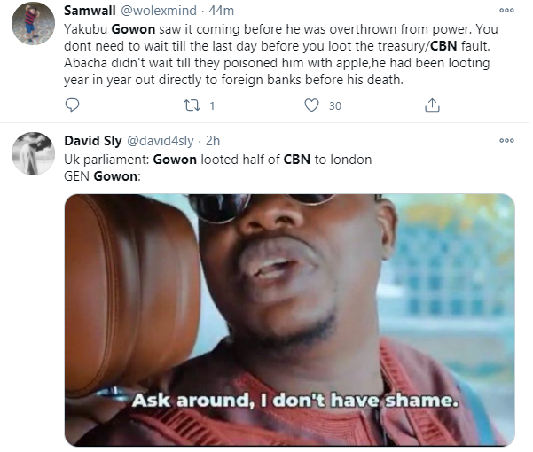 Nigerians reacts to Member of British parliament claiming that former Head of State, Yakubu Gowon left with half of Central Bank 