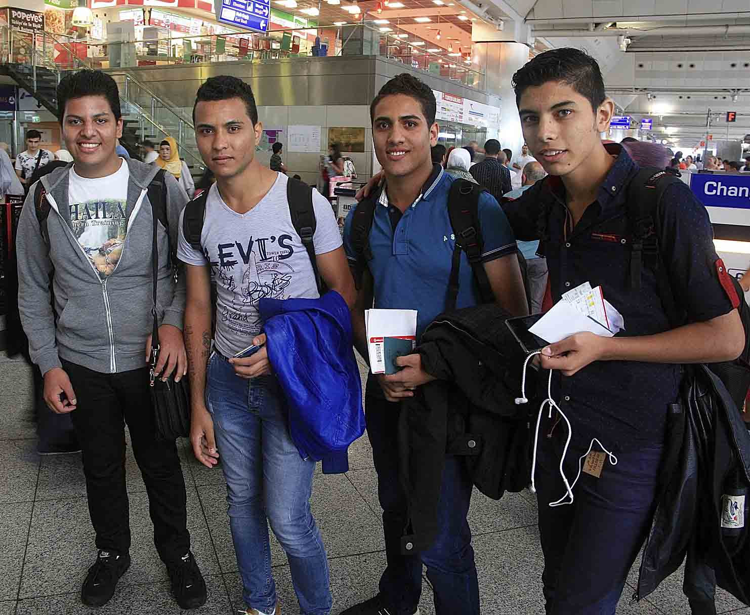 (From left) Moller Yasa, Klenton Faragalla, Bassem Younan and Albir Shehata at Istanbul Ataturk Airport before departure. (Morning Star News)