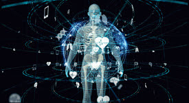 Transparent person with scientific and telecommunications icons swirling in background