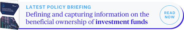 Promotional banner for policy briefing on defining and capturing information on the beneficial ownership of investment funds
