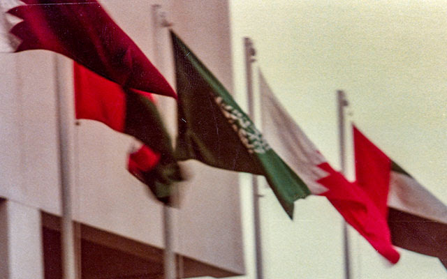 Flags of the member states fly at the 1st GCC Summit in Abu Dhabi, UAE. Photo: Dr. John Duke Anthony, 1981.