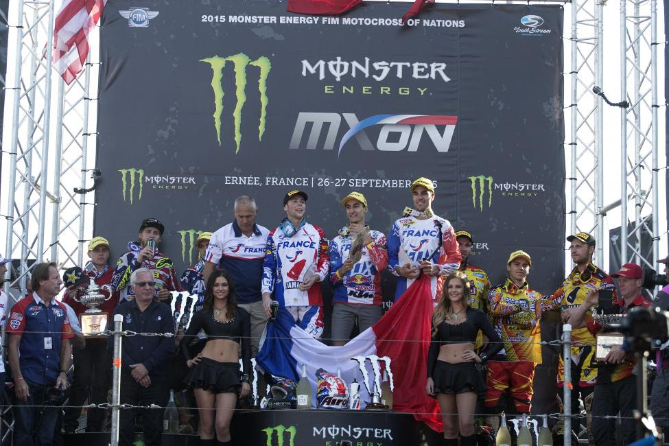 The French team celebrates back-to-back MXoN title for hte first time in the nation's history and the U.S. team adds to the eleven consecutive podium finishes.Photo: Ray Archer/Racer X Illustrated