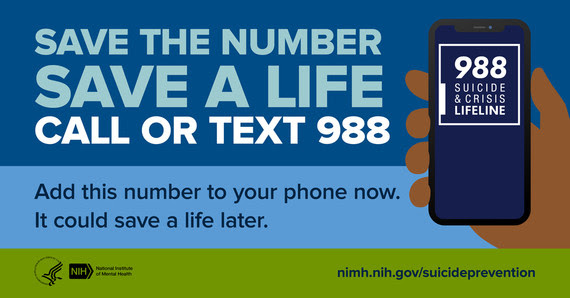 Save the number, save a life with 988 logo