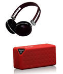 Brick - Bluetooth NFC Speaker Red + SoundLogic Wooden Over-the-ear Headphone(Dark Wood)