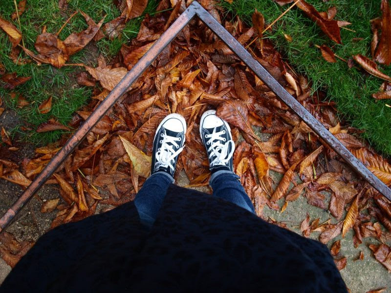 Black Converse in red fallen leaves in Paris