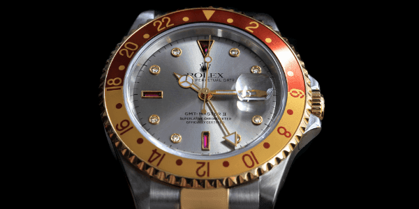Rolex GMT Master II Mens Rootbeer Serti Yellow Gold Steel Watch