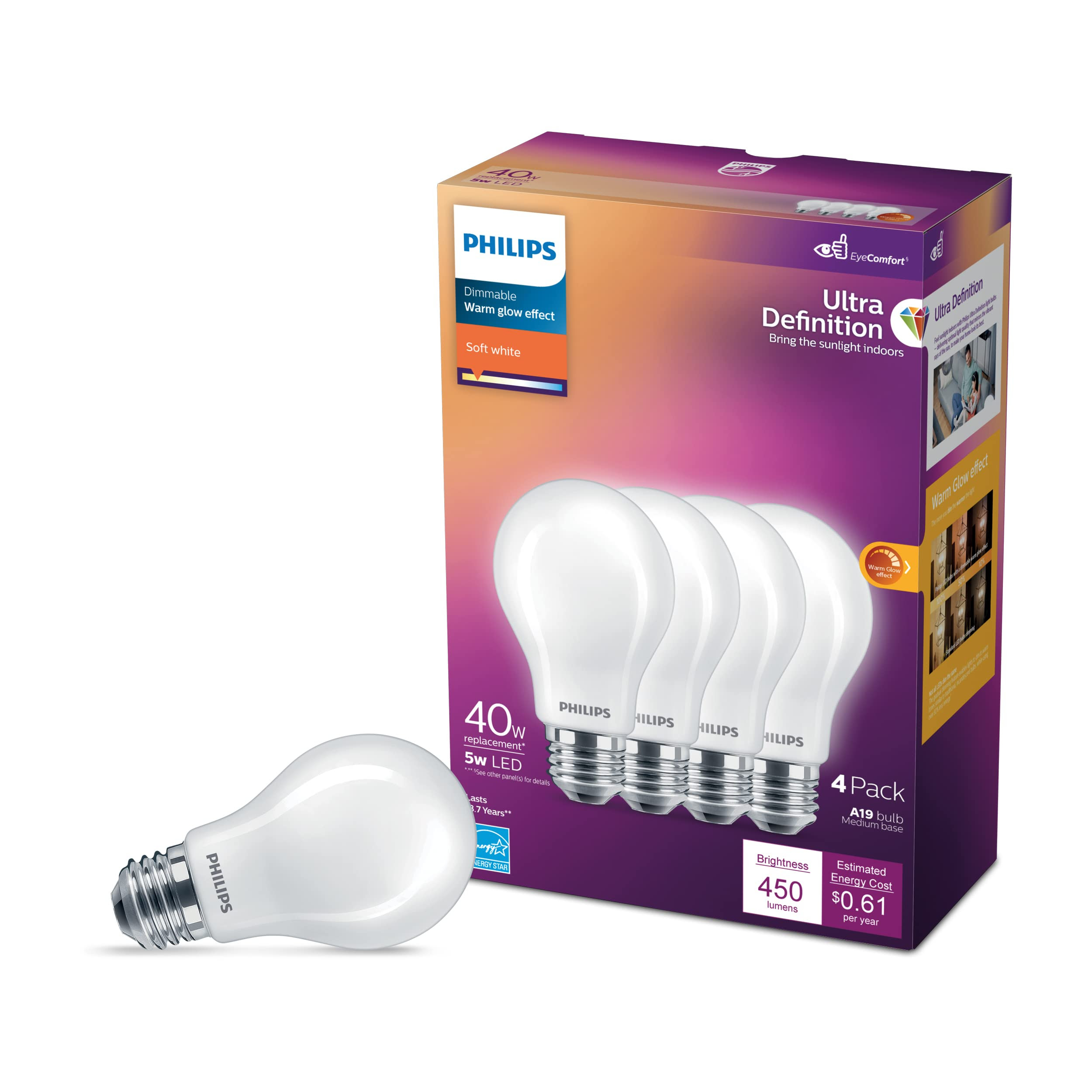 Philips LED Ultra Definition Dimmable A19 Light Bulbs