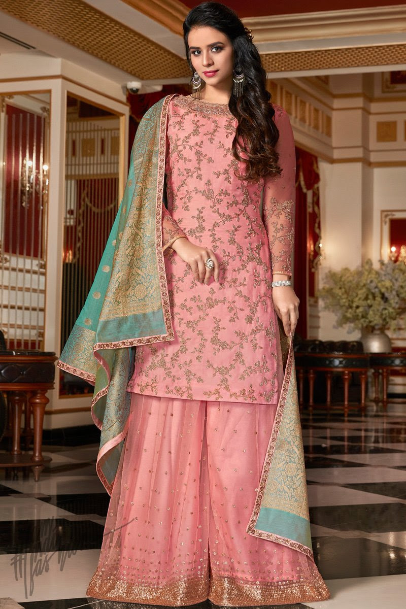Baby Pink and Teal Satin Georgette Sharara Suit