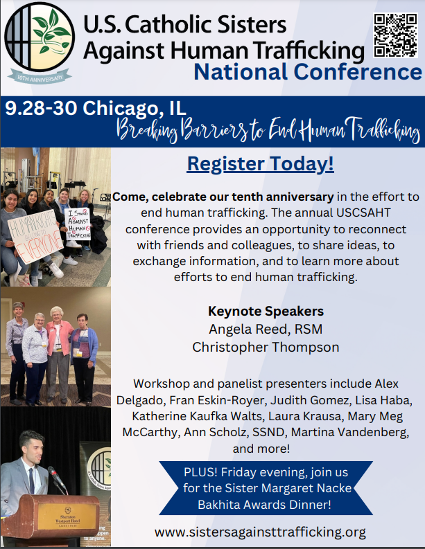 Flyer for U.S. Catholic Sisters Against Human Trafficking National Conference, Sept. 28-30, Chicago, IL, Breaking Barriers to End Human Trafficking. Click image to download accessible PDF of flyer. 